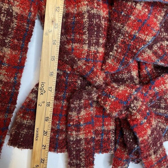 Boucle Jacket XS Tartan Red Belted Ruffled Academia Retro Feminine Anthropologie - Picture 6 of 8